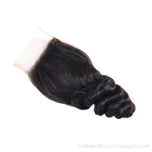 Wholesale Brazilian Loose Wave 4x4 Lace Closure Remy Human Hair Free Middle Part Natural Color Pre Plucked Swiss Lace Closure